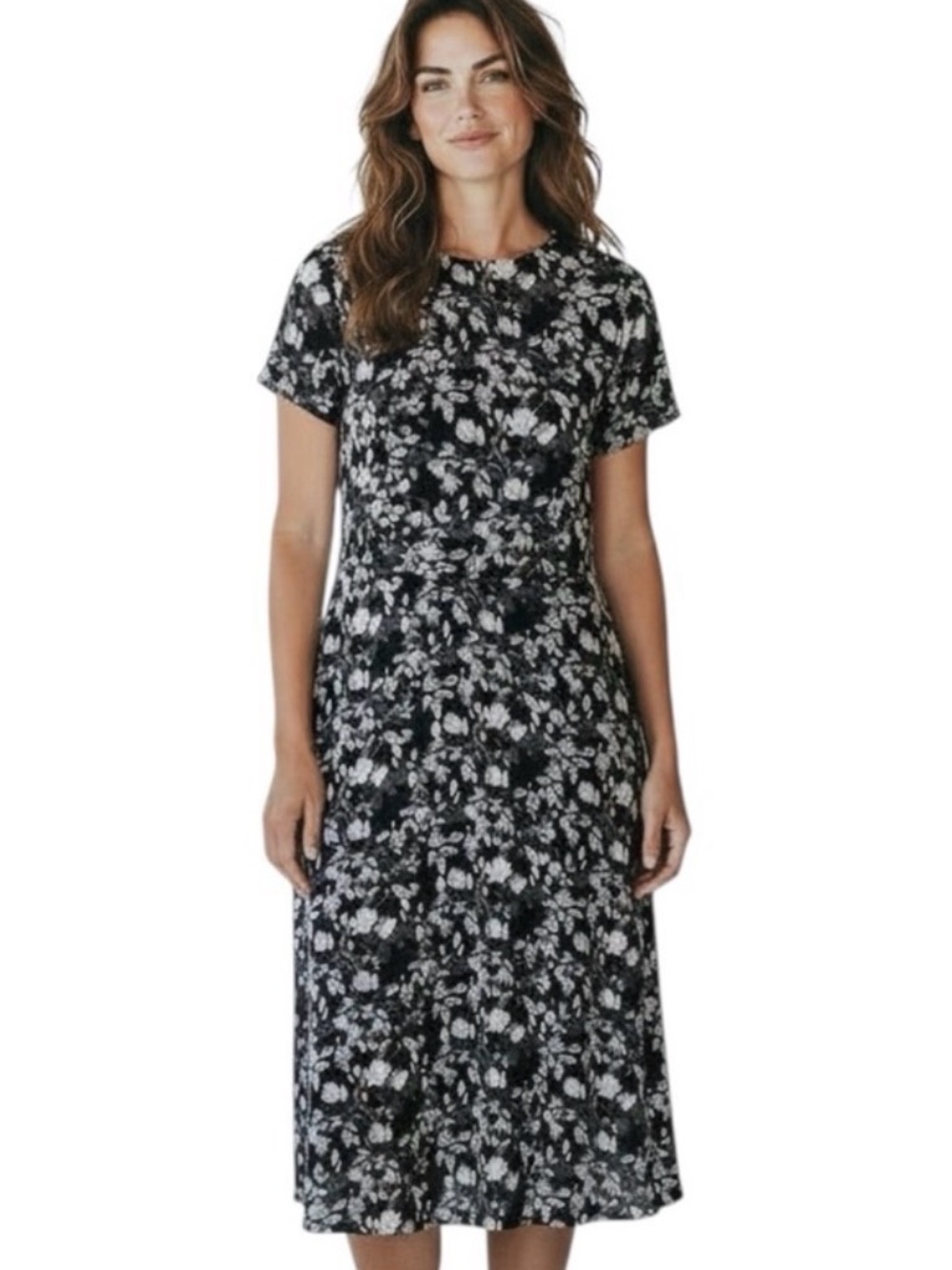 Pendleton Black Floral Short Sleeve Viscose Prairie Boho Midi Dress Size 8